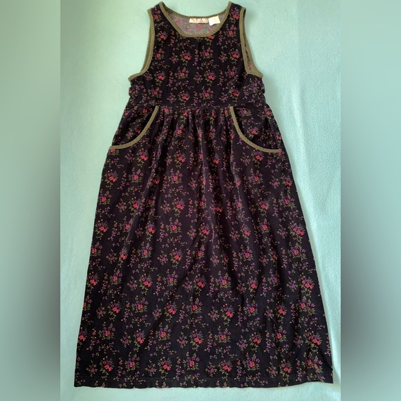 REAL COMFORT corduroy floral sleeveless tank maxi 2 pocket navy green Y2K size M - Picture 1 of 12